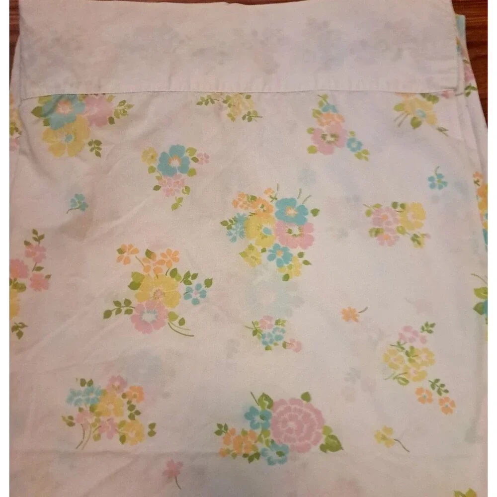 Vintage Full Flat Sheet Orange Blue Floral Eyelet Lace Percale JC Penney Cottage